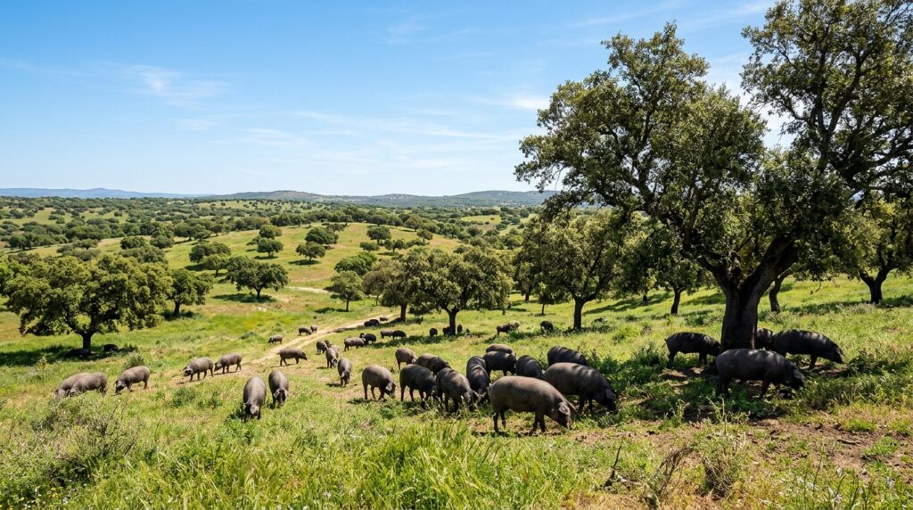 Cerdos ibéricos en libertad en la dehesa extremeña entre encinas