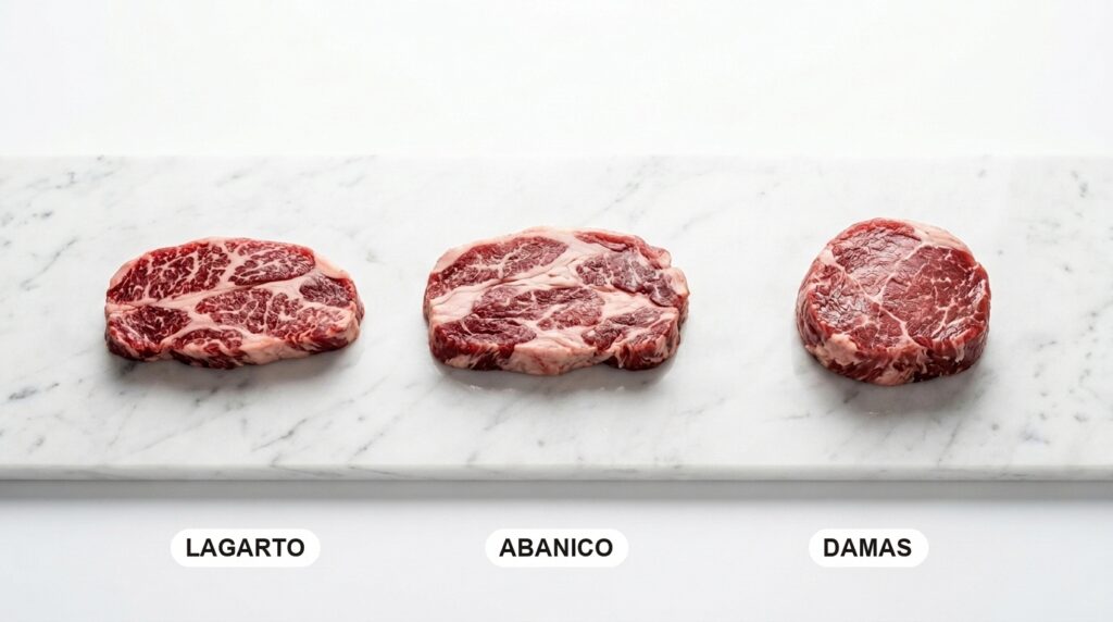 Cortes ibéricos lagarto, abanico y damas en crudo, señalados sobre mármol claro