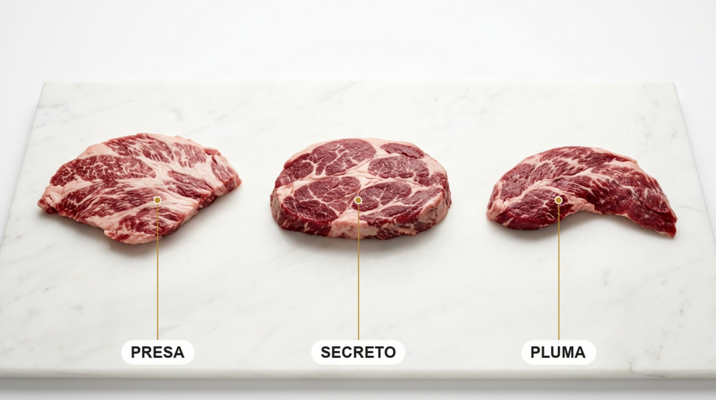 Cortes ibéricos presa, secreto y pluma en crudo, señalados sobre mármol claro