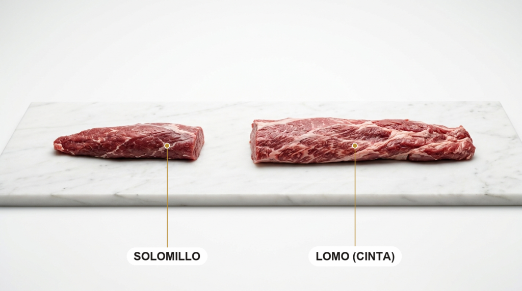 Cortes ibéricos solomillo y lomo (cinta) en crudo, señalados sobre mármol claro