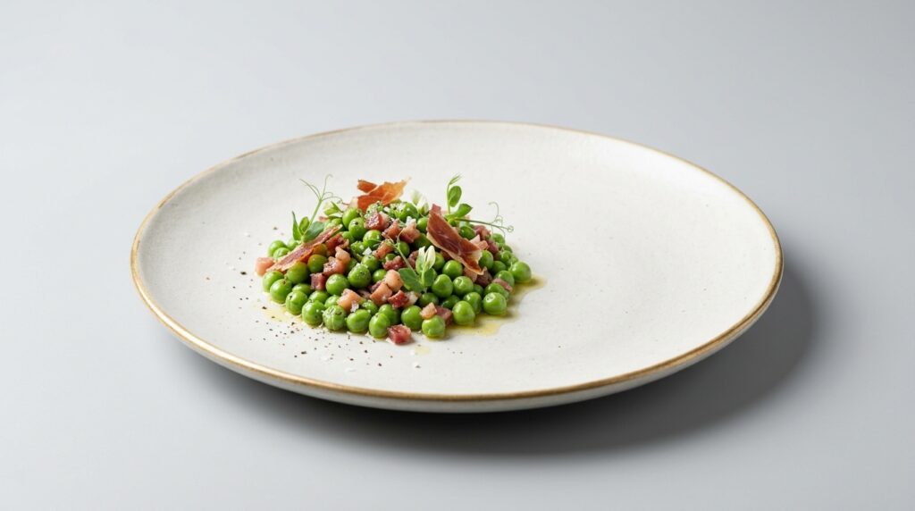 Plato de guisantes con jamón emplatado con estilo de alta cocina, listo para servir