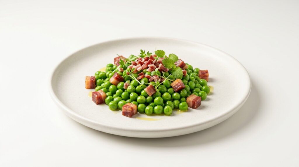 Plato de guisantes con jamón emplatado de forma moderna, con taquitos de jamón ibérico por encima