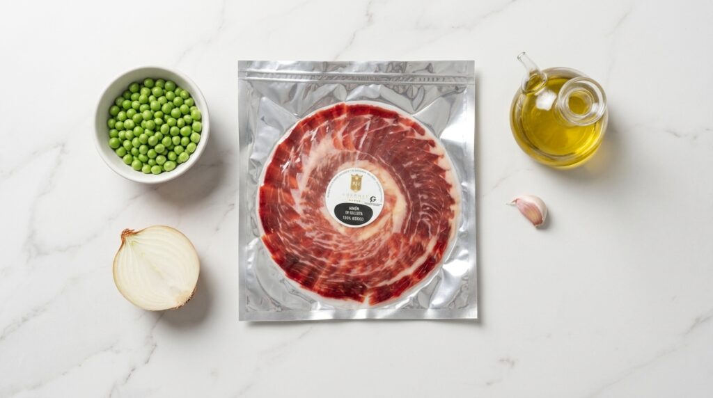 Ingredientes para guisantes con jamón: guisantes frescos, cebolla, aceite y un sobre de jamón ibérico de bellota de RH Gourmet