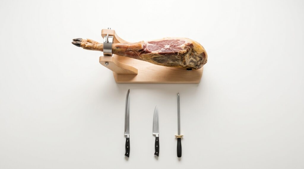 Kit para cortar jamón en casa: jamonero, cuchillo jamonero, puntilla y chaira