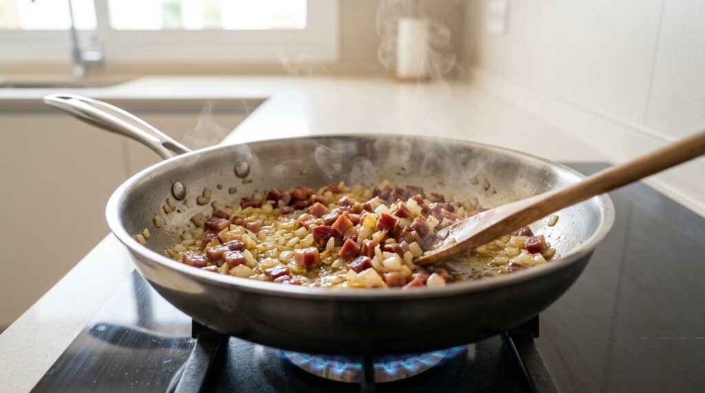 Sofrito de cebolla y taquitos de jamón ibérico dorándose en la sartén sobre el fuego