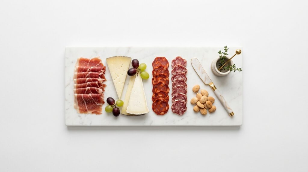 Tabla de quesos y embutidos montada de forma moderna con jamón, chorizo, salchichón, queso curado y frutos secos