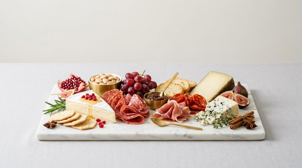 Tabla de quesos y embutidos presentada de forma elegante para una celebración