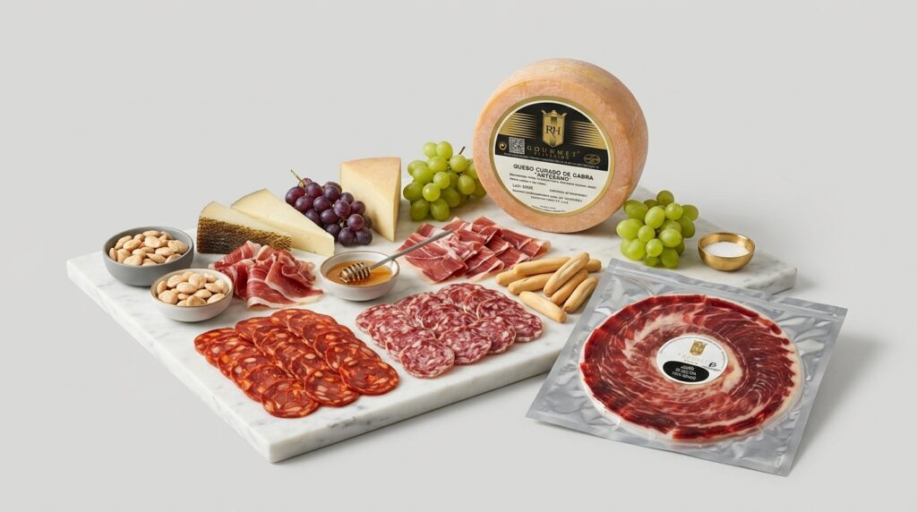 Tabla generosa de quesos y embutidos con los productos RH Gourmet: queso curado y jamón ibérico, con chorizo, salchichón, uvas y frutos secos