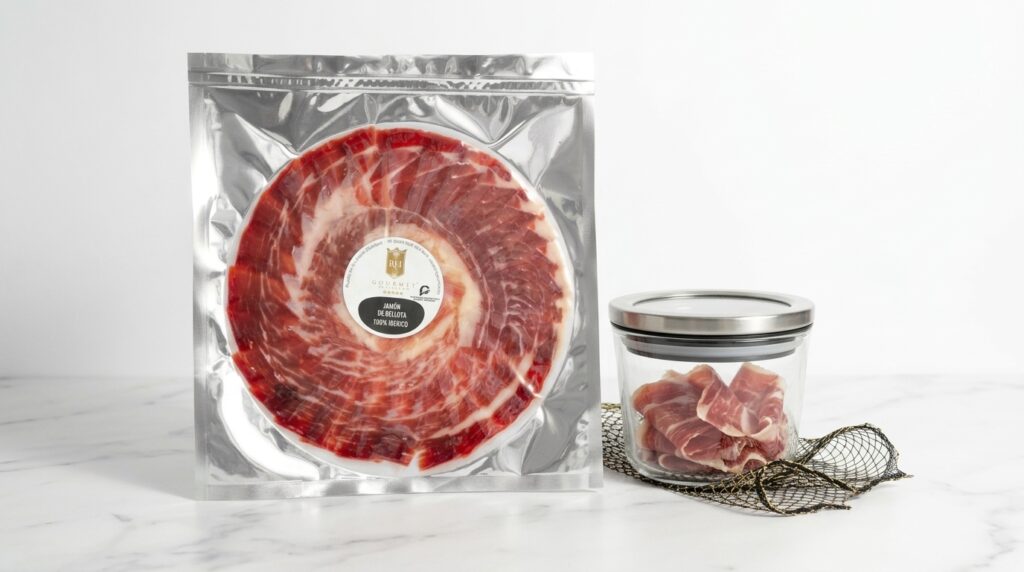 Sobre al vacío de jamón de bellota ibérico RH Gourmet junto a un tarro de cristal hermético con lonchas, para conservar el jamón loncheado