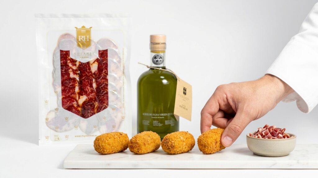 Croquetas de jamón ibérico recién hechas sobre mármol blanco, con el sobre de loncheado de jamón RH Gourmet y la botella de aceite de oliva virgen extra RH Gourmet al fondo