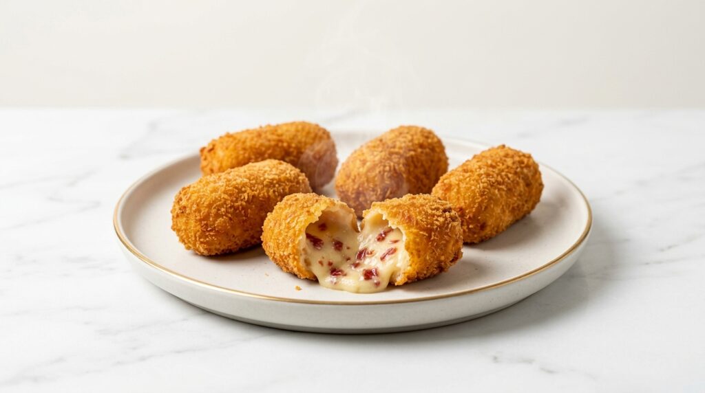 Plato de croquetas de jamón ibérico doradas y crujientes, una partida mostrando la bechamel cremosa con taquitos de jamón en el interior