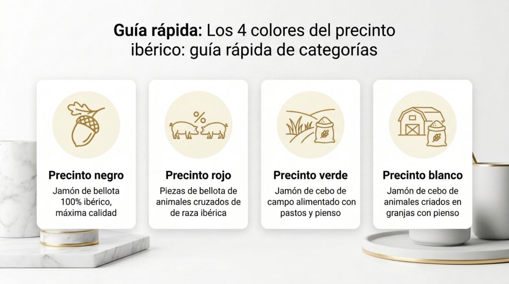 Infografía con los cuatro colores del precinto del jamón ibérico y qué significa cada uno: negro (bellota 100%), rojo (bellota), verde (cebo de campo) y blanco (cebo)