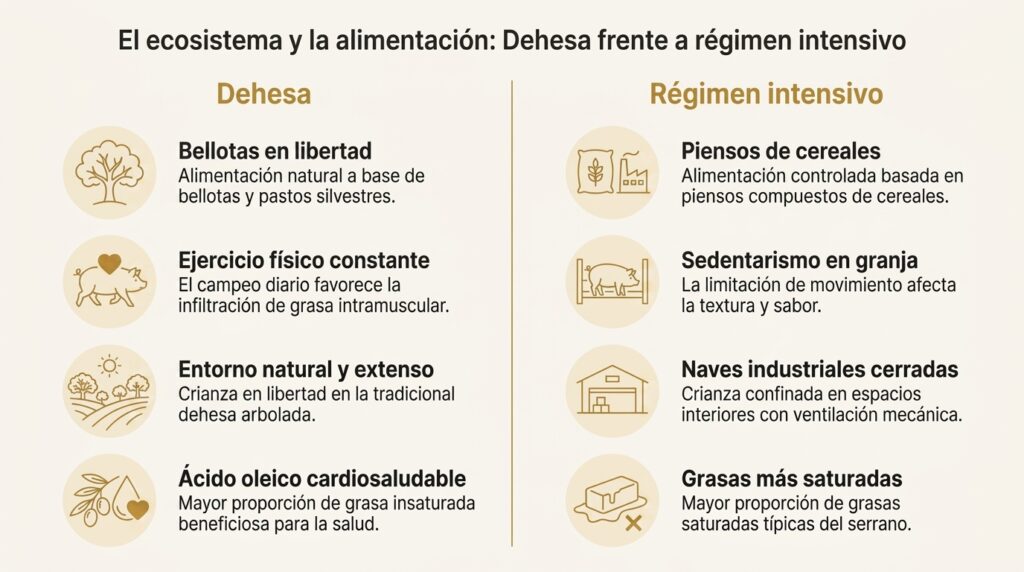 Infografía comparando la crianza en dehesa (bellota, ejercicio, ácido oleico) frente al régimen intensivo (piensos, sedentarismo, grasas saturadas)