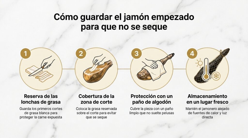 Infografía con los pasos para guardar el jamón empezado sin que se seque: reservar la grasa, cubrir la zona de corte, proteger con un paño y almacenar en un lugar fresco