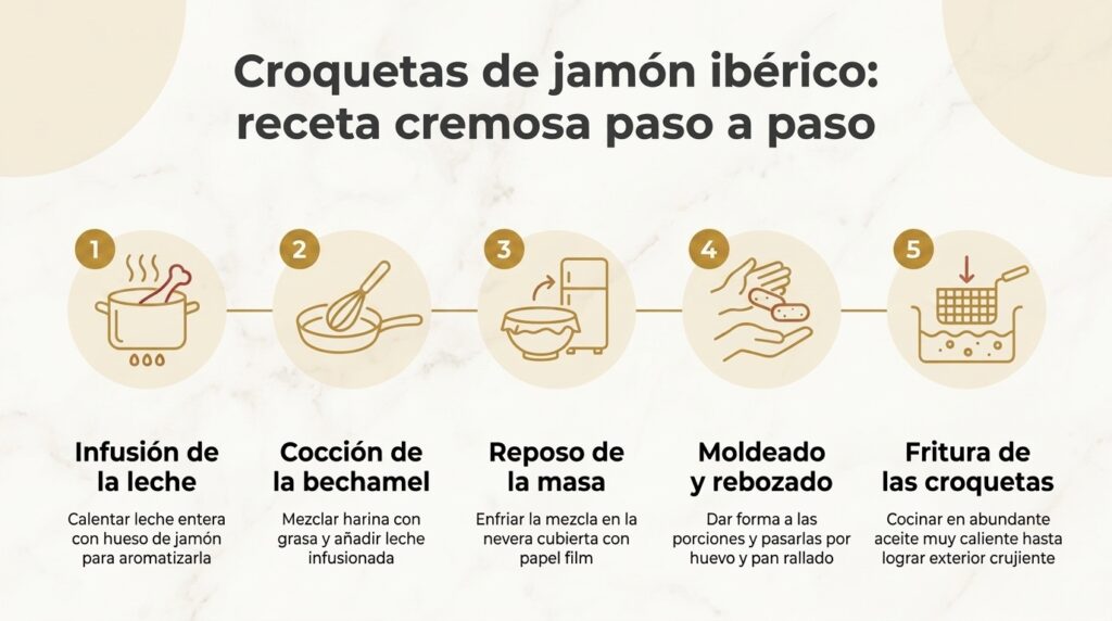 Infografía con los cinco pasos para hacer croquetas de jamón ibérico: infusionar la leche, cocer la bechamel, reposar la masa, moldear y rebozar, y freír