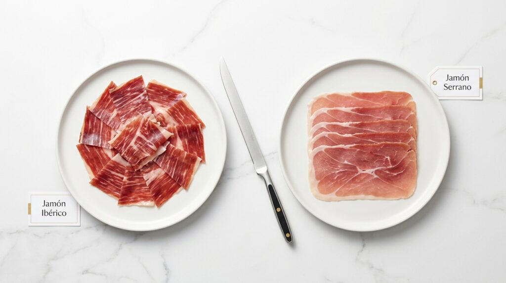Comparativa de jamón ibérico y jamón serrano en dos platos blancos sobre mármol, con etiquetas identificativas y un cuchillo jamonero en el centro