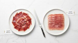 Comparativa de jamón ibérico y jamón serrano en dos platos blancos sobre mármol, con etiquetas identificativas y un cuchillo jamonero en el centro