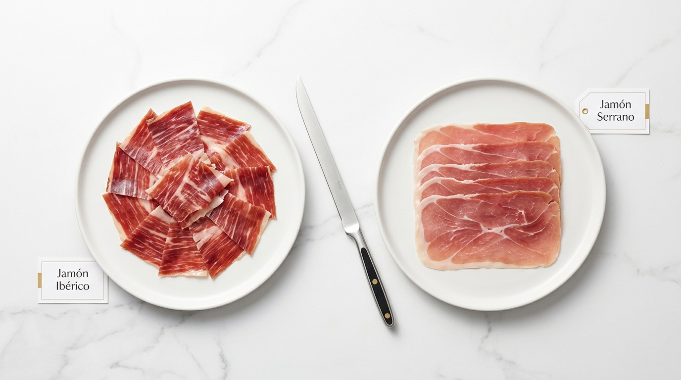 Comparativa de jamón ibérico y jamón serrano en dos platos blancos sobre mármol, con etiquetas identificativas y un cuchillo jamonero en el centro