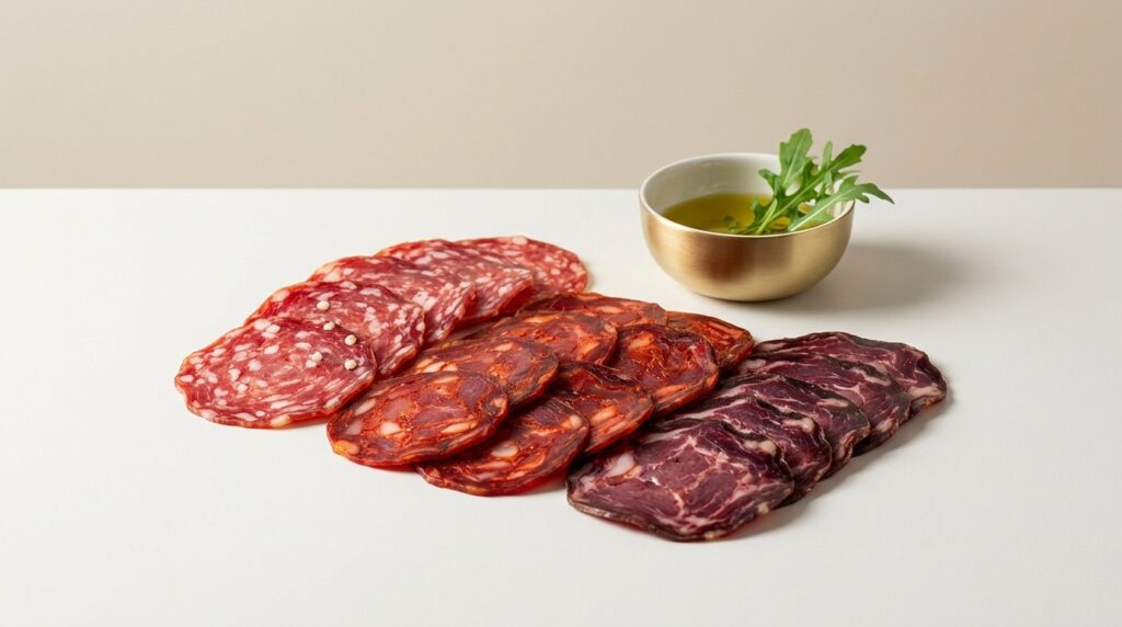Embutidos ibéricos loncheados: salchichón, chorizo y lomo curado servidos con aceite de oliva