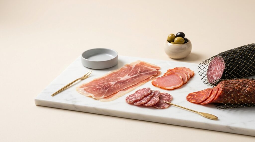 Tabla de mármol con embutidos ibéricos en lonchas, chorizo cular y salchichón en tripa natural