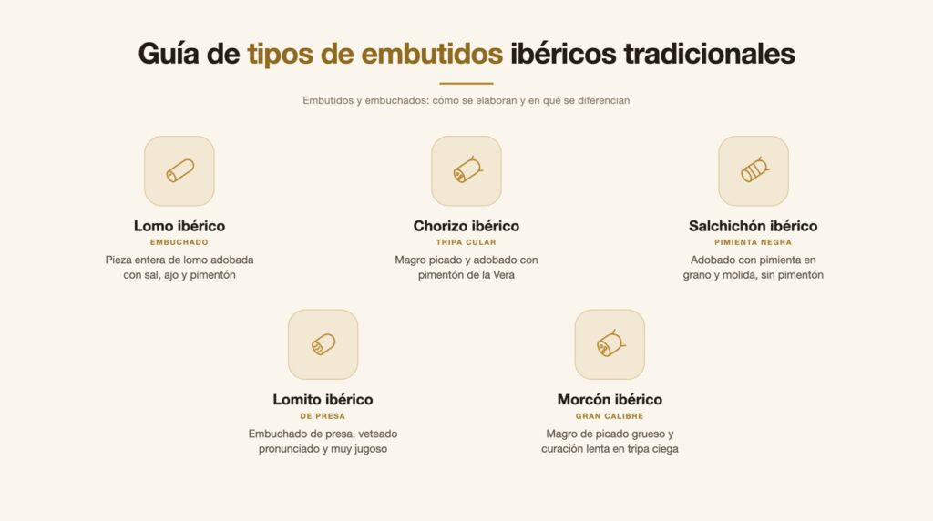 Infografía con los tipos de embutidos ibéricos: lomo, chorizo, salchichón, lomito y morcón