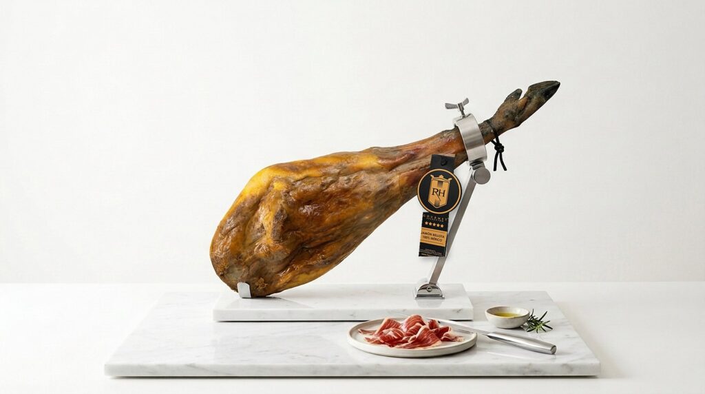 Jamón ibérico de bellota colocado en el jamonero con la pezuña hacia arriba