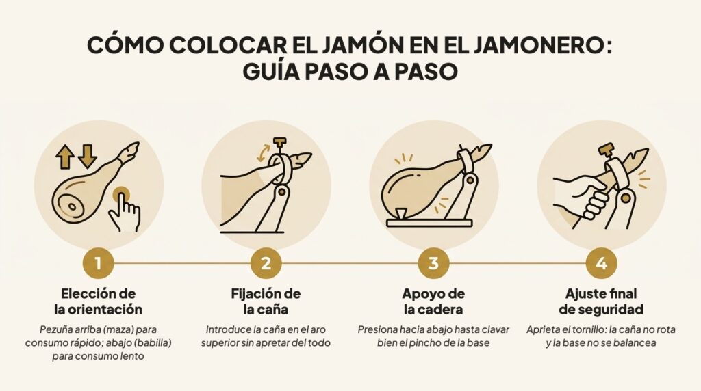 Infografía de los 4 pasos para colocar el jamón en el jamonero