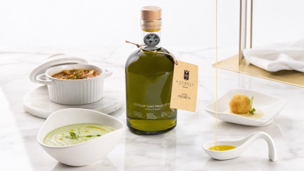 Botella de AOVE RH Gourmet sobre mármol blanco junto a tres usos culinarios: crudo, guiso y fritura.