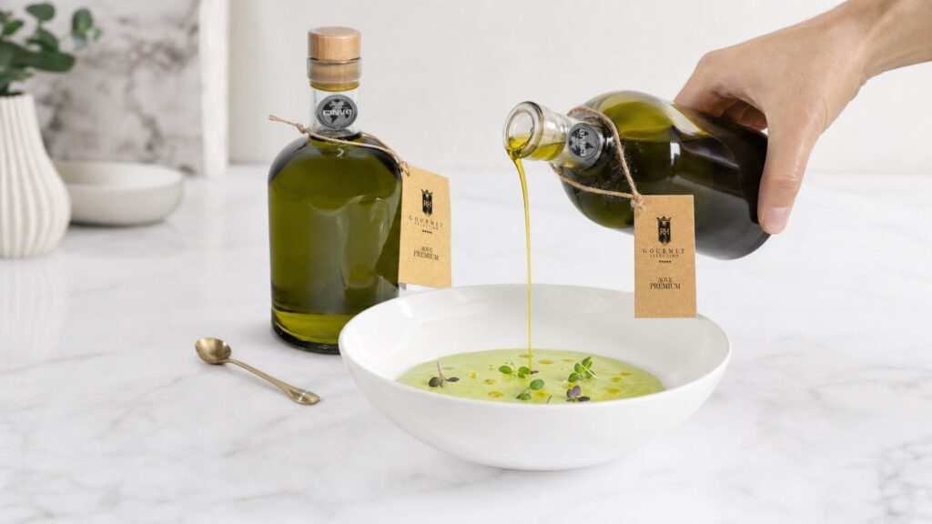 AOVE RH Gourmet vertiéndose en hilo fino sobre una crema fría en un bol blanco.