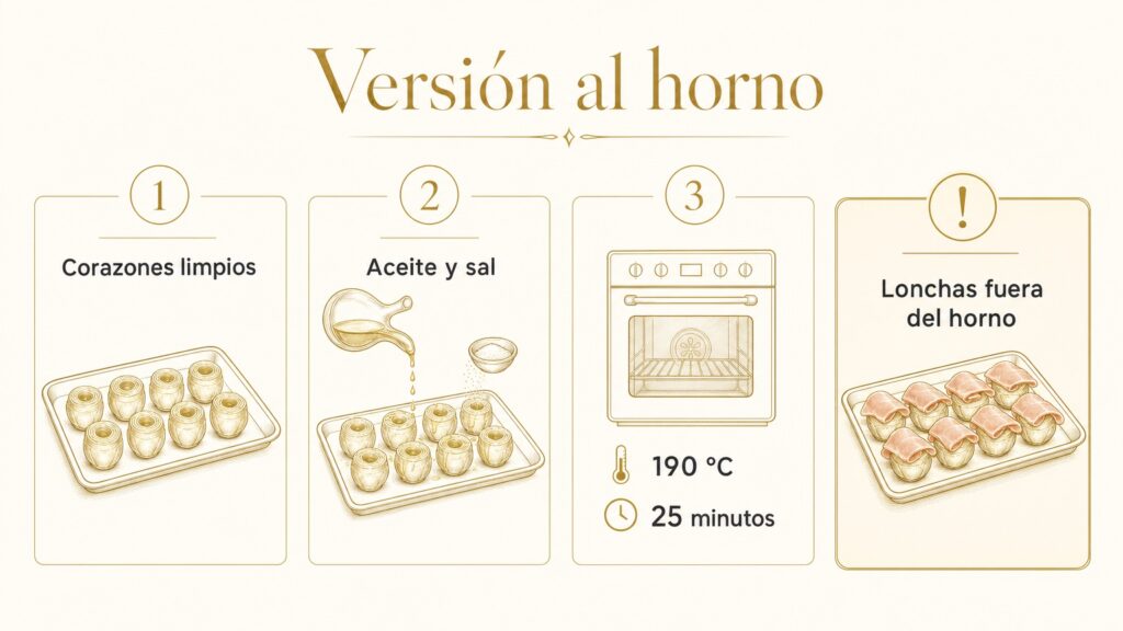 Infografía de la versión al horno: corazones limpios con aceite y sal, 190 grados, 25 minutos y lonchas fuera del horno.