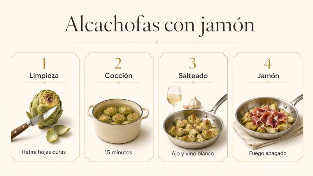Infografía de cuatro pasos para preparar alcachofas con jamón: limpieza, cocción, salteado y jamón con el fuego apagado.