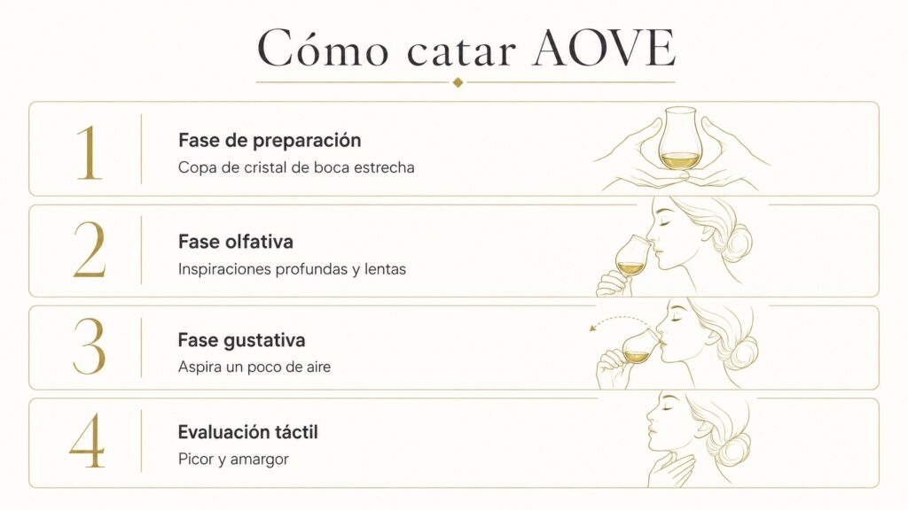 Infografía paso a paso para catar AOVE en casa: preparación, fase olfativa, fase gustativa y evaluación táctil.