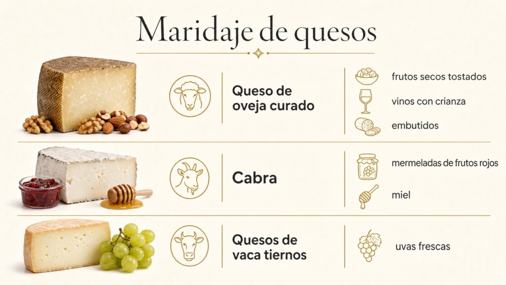 Infografía de maridaje de quesos con frutos secos, vino, embutidos, miel, mermelada y uvas
