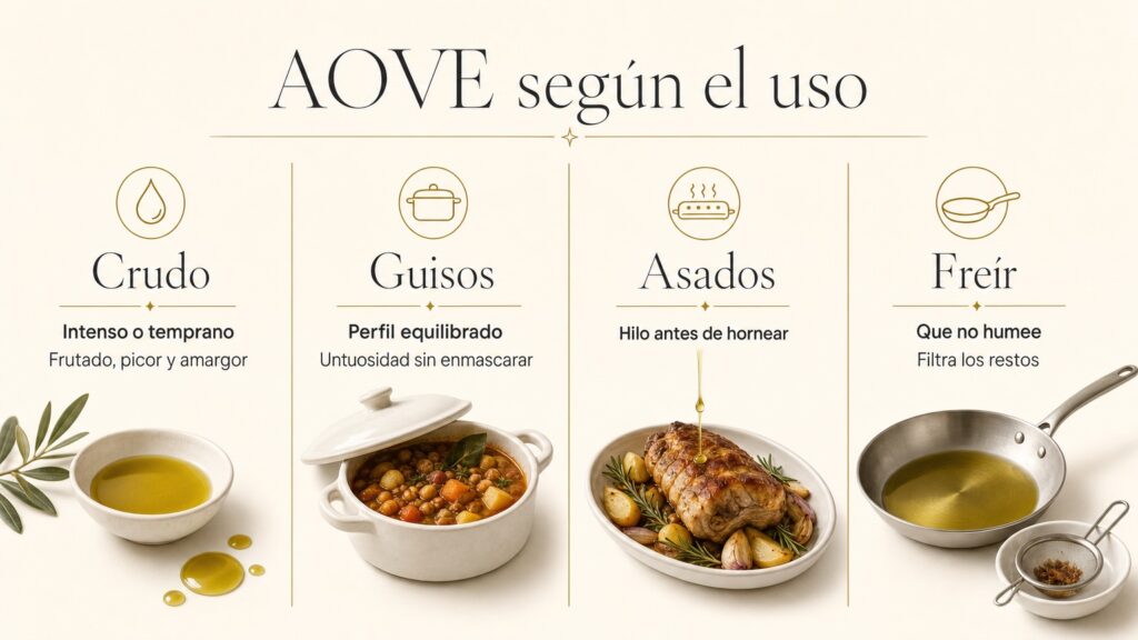 Infografía con cuatro usos del AOVE: crudo, guisos, asados y freír, con el perfil recomendado para cada caso.