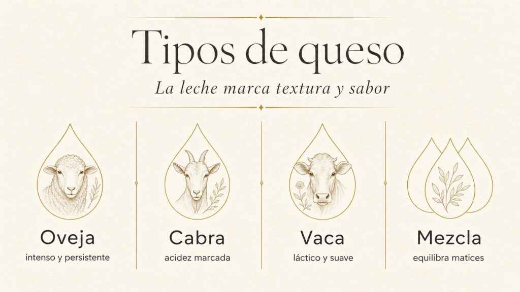 Infografía comparativa de tipos de queso según leche de oveja, cabra, vaca o mezcla
